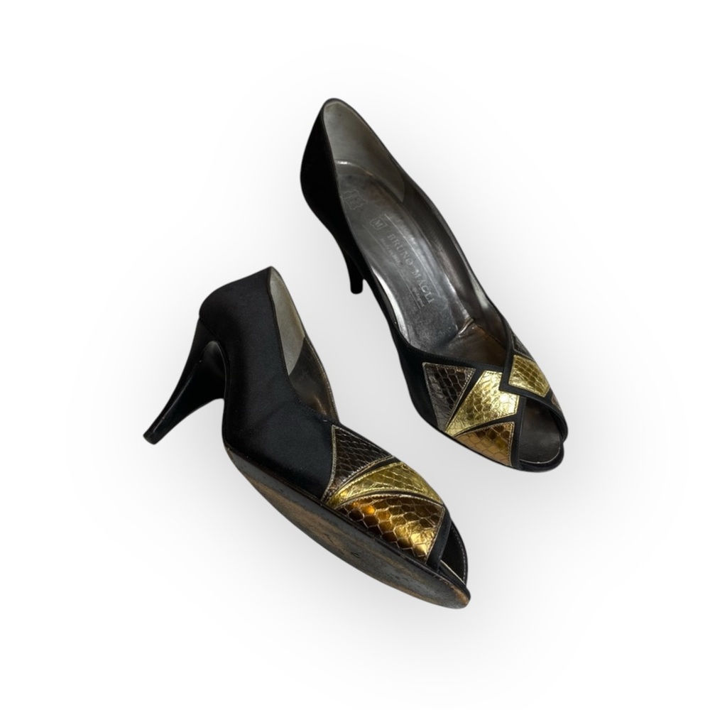 Vintage: Bruno Magli ✦ Kitten Heel Peep Toe Pumps ✦ Metallic Leather Patchwork ✦ - Picture 10 of 16